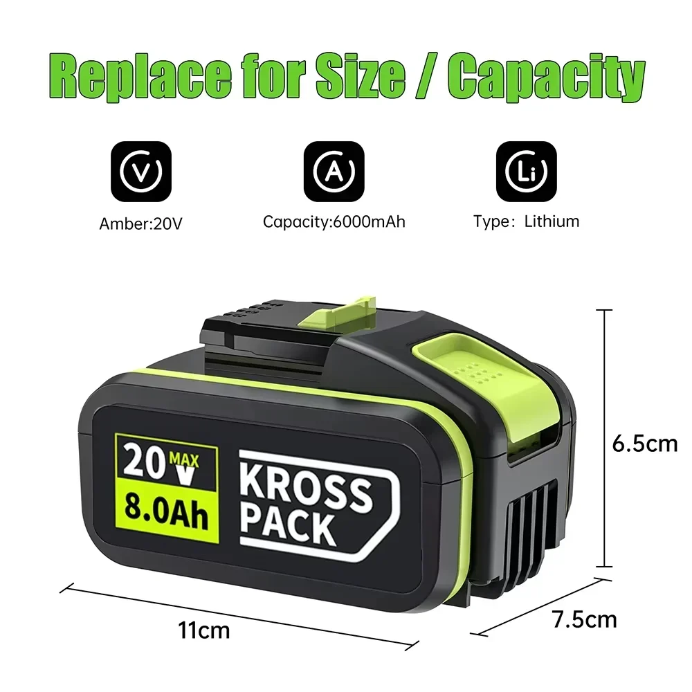Фото Аккумулятор Li-ion 20V WORX 6.0Ah/8.0Ah 5pin WA3016 WA3023 WA3027 для инструментов Dewalt, совместимый с моделями беспроводных электроинструментов WORX №3