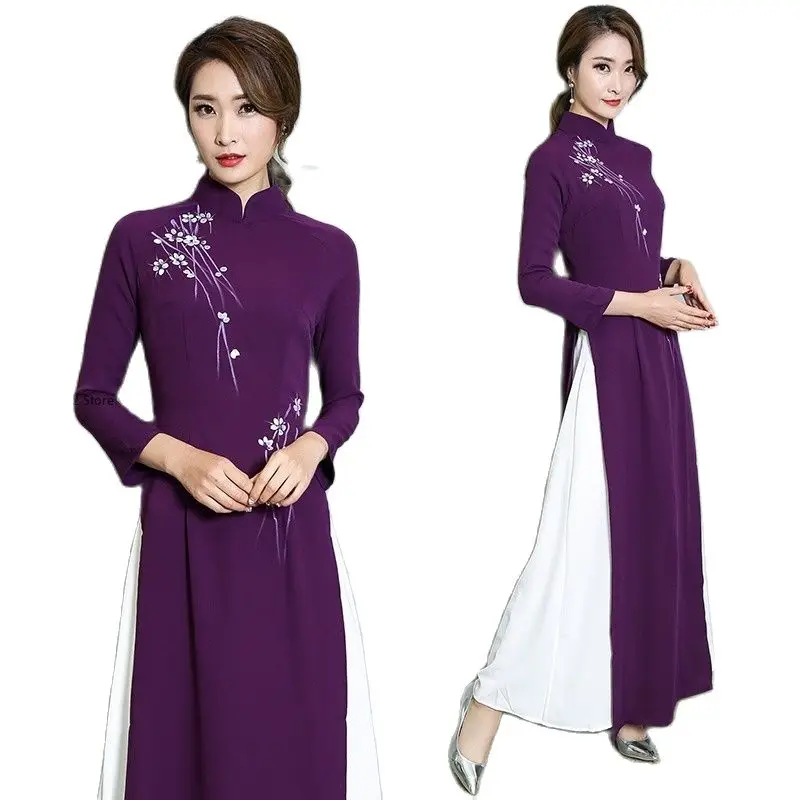 

Traditional Vietnam Woman Retro Ao Dai Elegant Chinese Style Cheongsam Vintage Floral Festival Wedding Evening Qipao Dress