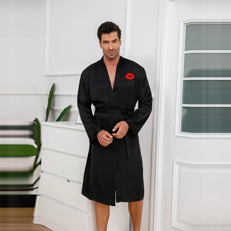 Men Robe Print Lip Nightgown Sleepdress Long Sleeve Cardigan Bathrobe Pajamas Casual Loose Lounge Nightwear Sleepwear Kimono