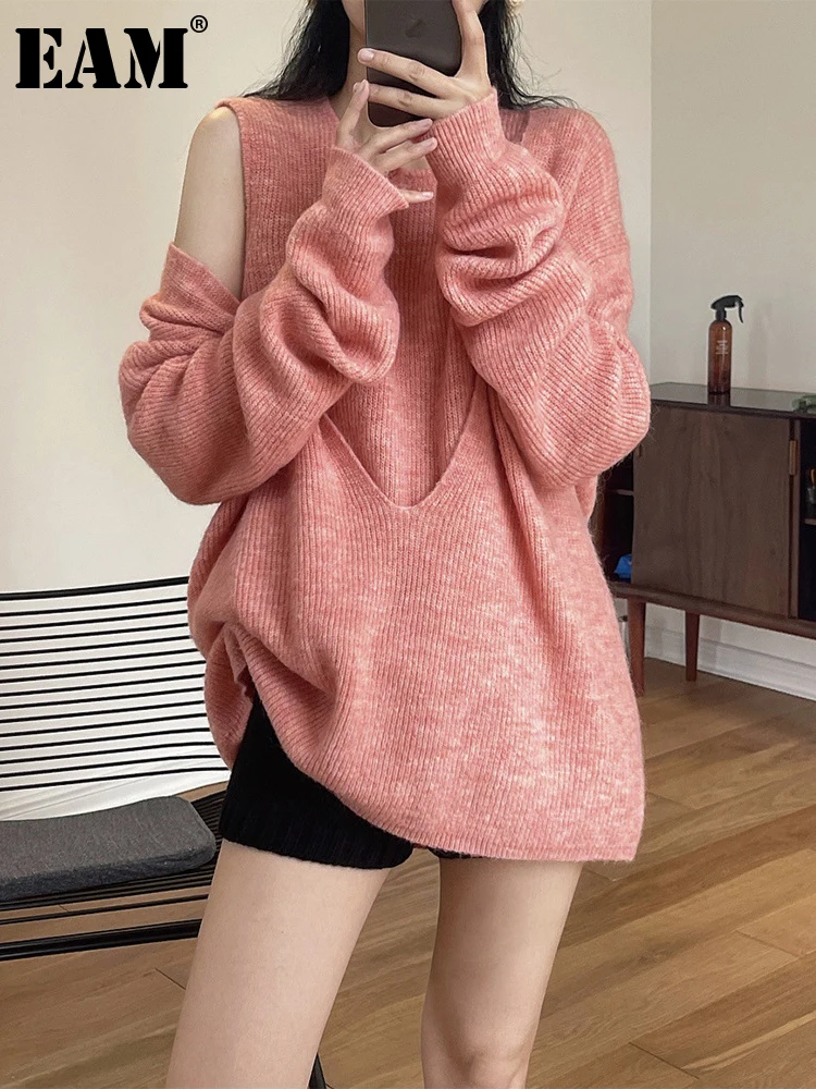 

[EAM] Long Oat Color Knitting Sweater Loose Round Neck Long Sleeve Women Pullovers New Fashion Tide Autumn Winter 2023 1DF2194