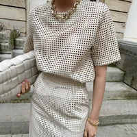 summer office lady skirt suits women two piece outfits short sleeve hollow out leather top high waist long skirt 2 piece set