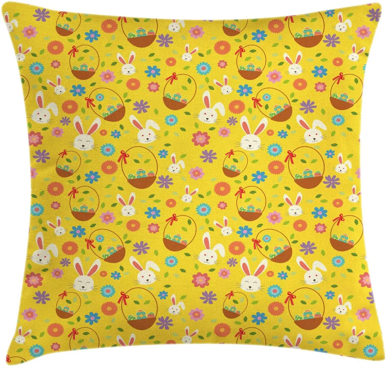 

Throw Pillow Cushion Cover, Easter Eggs in Baskets with Bunnies Flowers and Leaves Pattern, Decorative Square Accent Pillow Case