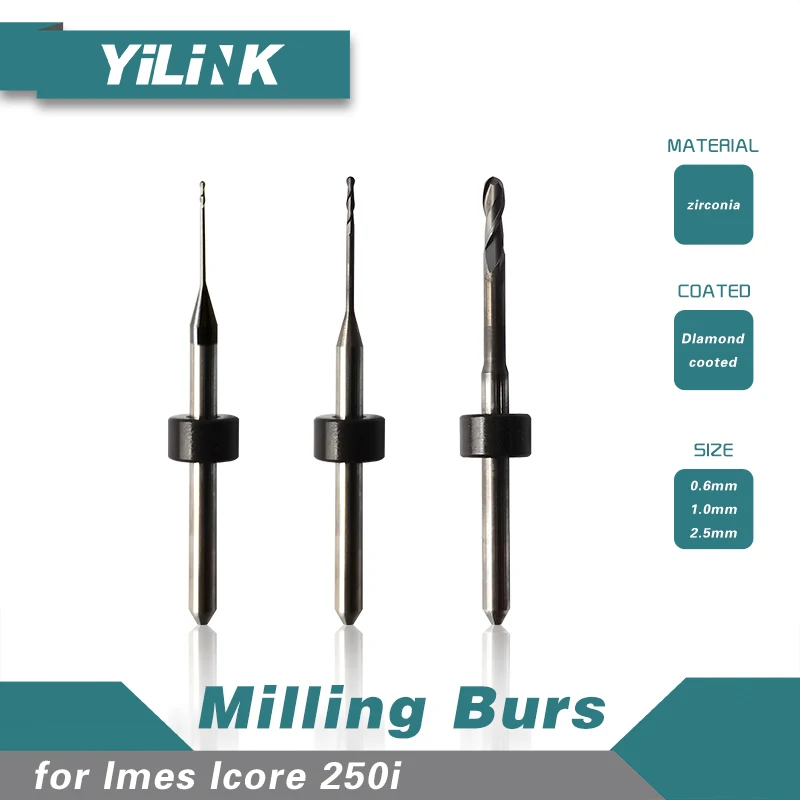 Yilink Dental Imes Icore 250i Milling Burs for Cutting Zirconia and PMMA Blocks Shank 3 MM Size 0.6/1.0/2.5 for CAD/CAM Use