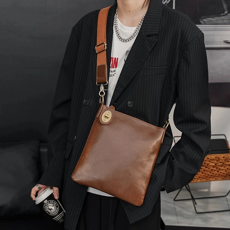 Fashion Men's Shoulder Bags Brown PU Leather Man Messenger Bags Business Solid Male Crossbody Bag Small Sling Bag 2080