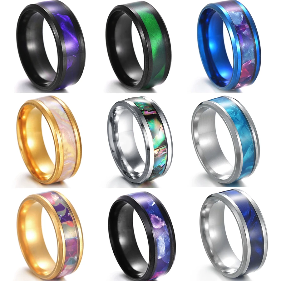 

Hot Sale Punk Rings For Men Women Brown Fire Opal Shell Stainless Steel Charming Male Jewelry Party Anniversary Gift