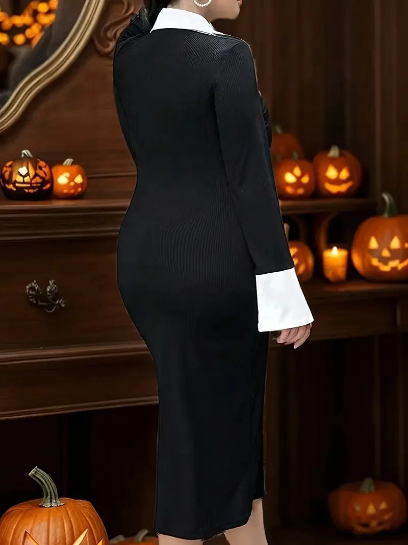 GIBSIE плюс размер черное платье на пуговицах в американском стиле с белым