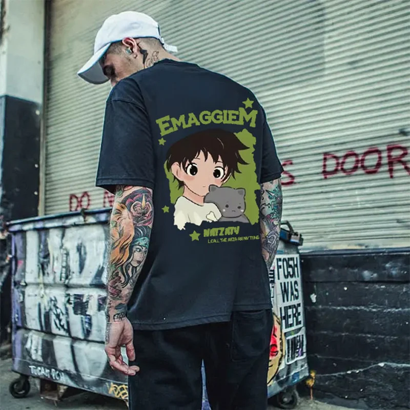 

2023 New 100% Cotton T-shirt Men And Women Loose Short-sleeved All-match Ins Street Casual Cartoon Boy Kitten Pattern Printing