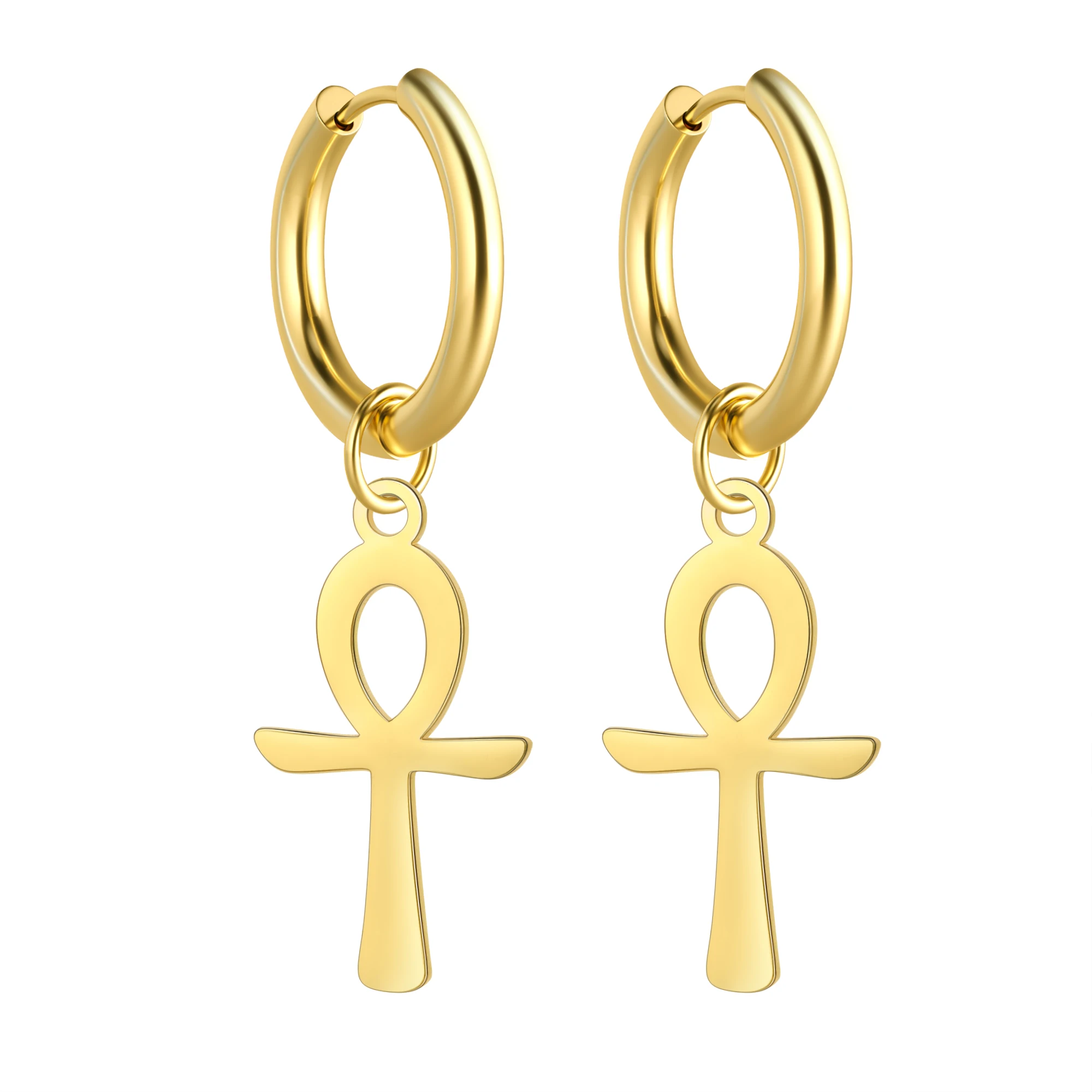 LIKGREAT Gold Color Egyptian Ankh Drop Earring Vintage Cross Women Dangle Earrings Stainless Steel Male Punk Jewelry