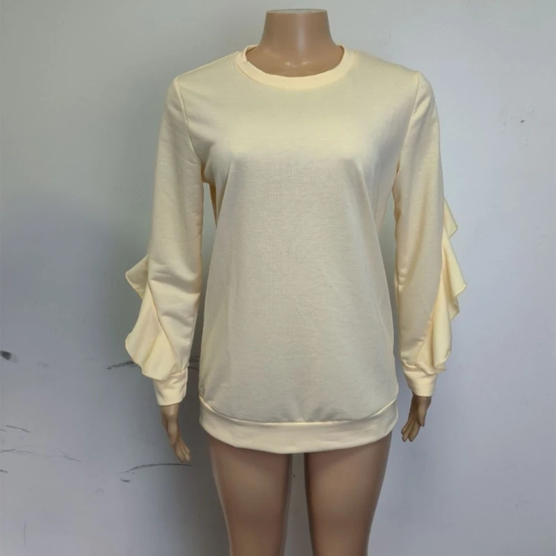 

Women Casual Ruffle Patchwork Long Sleeve Shirts Crew Neck Pullover Tunic Top Autumn Plain Solid Color Loose Sweatshirt