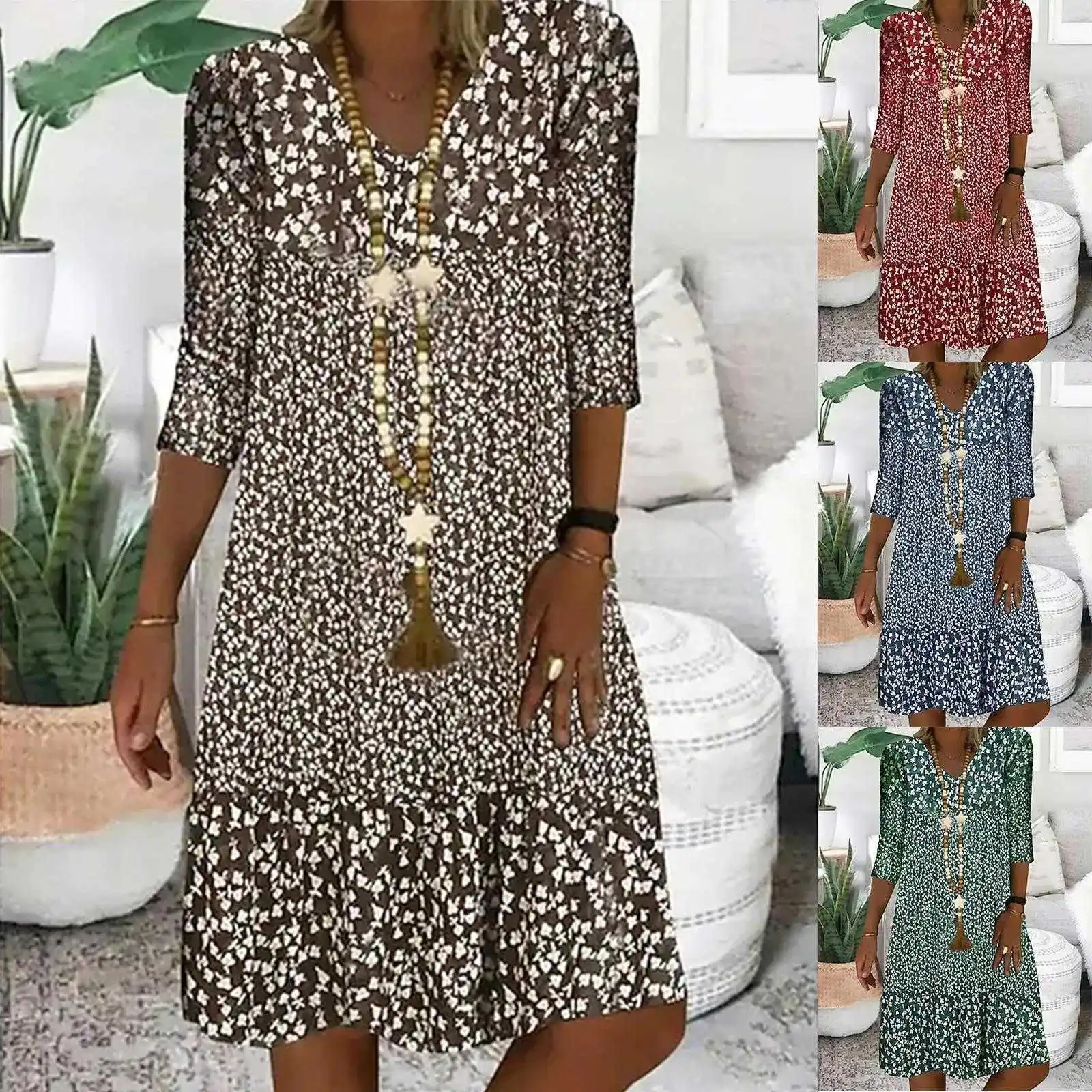 

Summer Floral Print Dress Mid Length Sleeves V Neck Empire Women