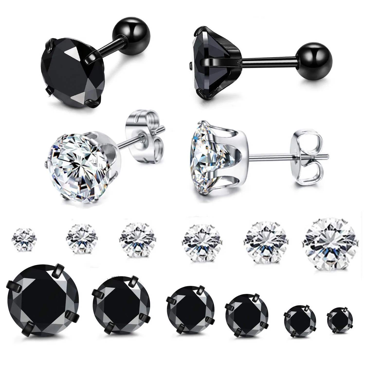 

12pairs Stainless Steel Stud Earrings for Women Mens Cartilage Ear Piercings Helix Tragus Barbell CZ 3-8mm