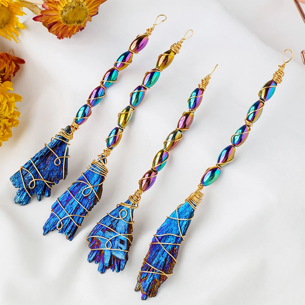 Mineraali Natural Electroplated Black Tourmaline Broom Colorful Aura Blaze Blue Feather Shape Sweeper Witchy Gift Home Ornaments