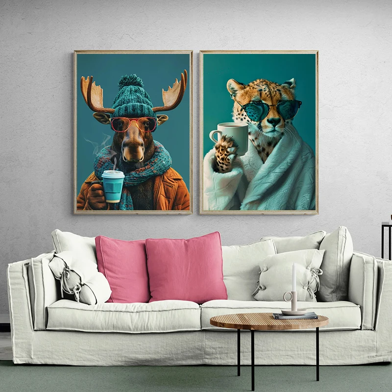 Современные зимние животные питьевое молоко чай кофе постер лось хайленд корова