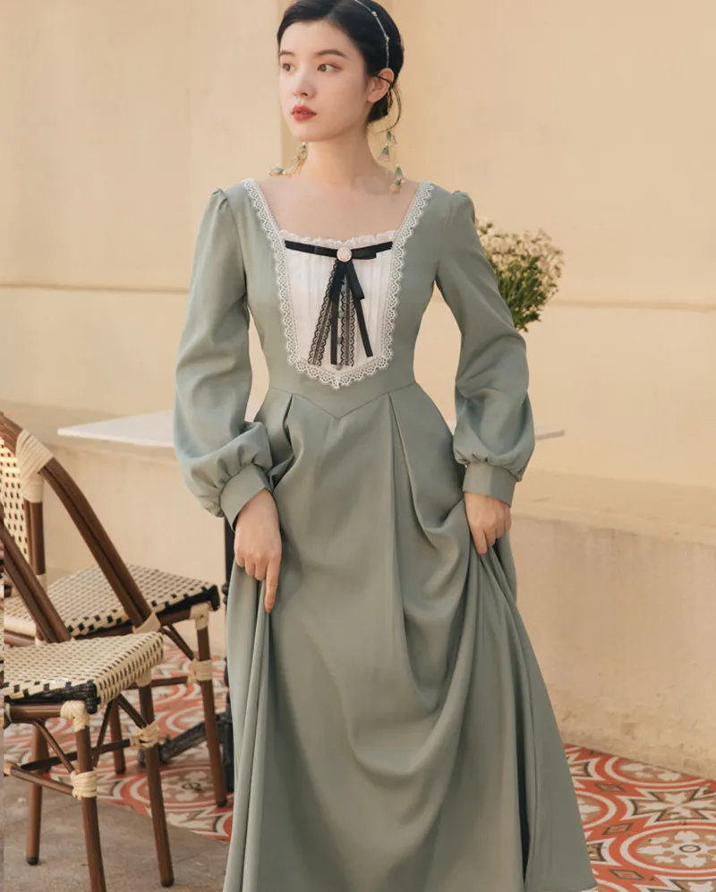 

2 Colors Vintage Elegant Lady Long Dress French Style Bow Square Collar Lantern Sleeve Retro Woman Dresses Vestido Festa