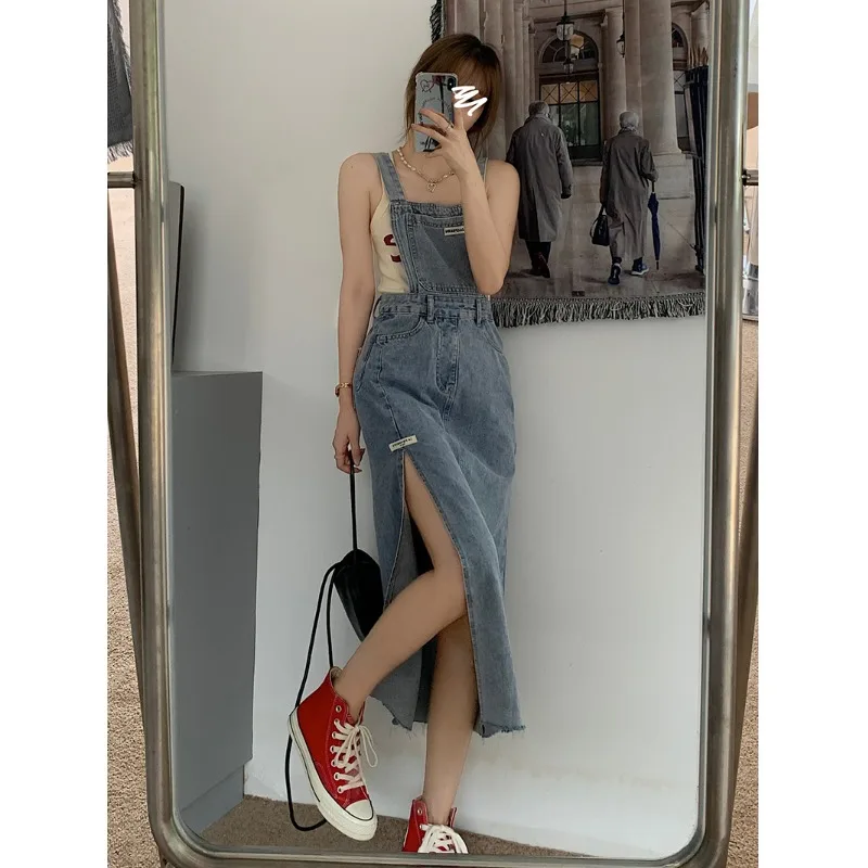 

Denim sundress Denim Sling Dress Women's Summer dress New Korean Style Waist Waist Slimming Mid-length Skirt with Raw Edge Slits