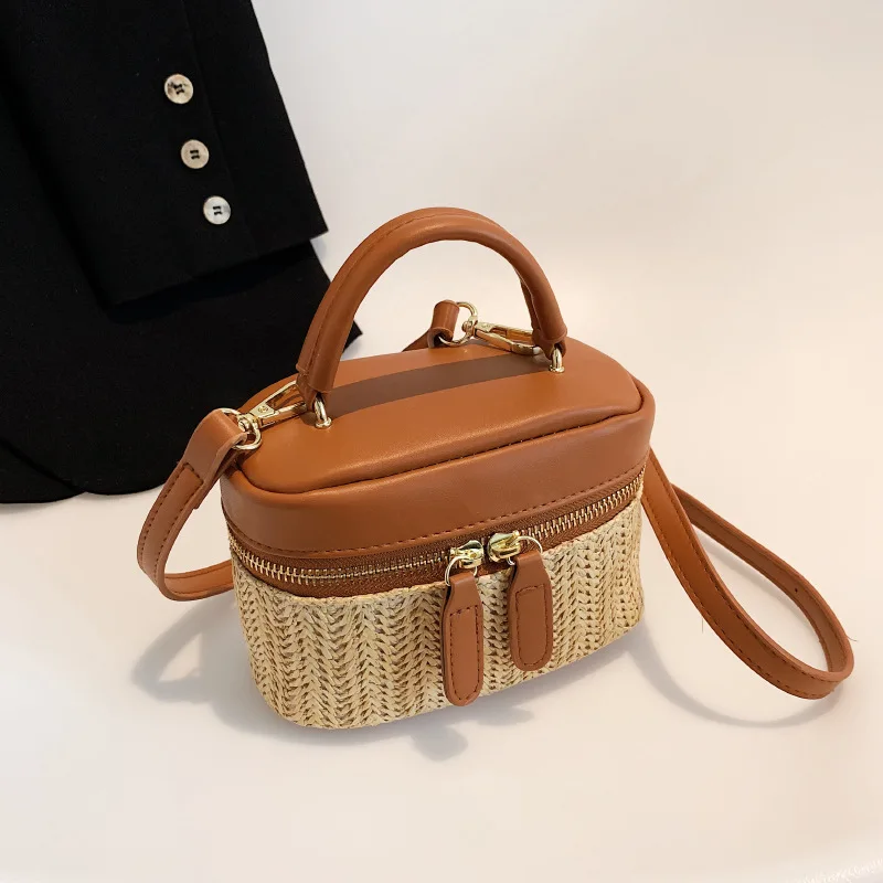 

Women Mini Stylish Straw Handbag Summer Luxury Weave Straw Leather Bucket Bag Ladies Crossbody Purse Sling Shoulder Bag