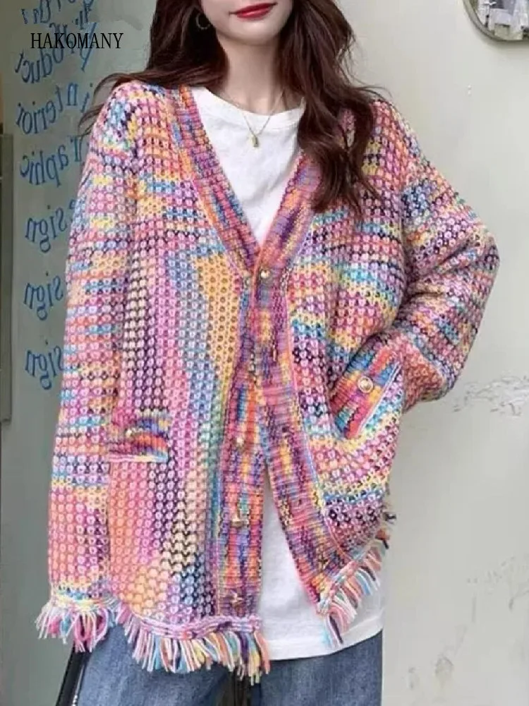 

2022 Woman V neck Center Button Full Sleeve Hem Burr Tassel Sweater Loose Knitwear Jumper Vintage Mix Colored Knitted Cardigan