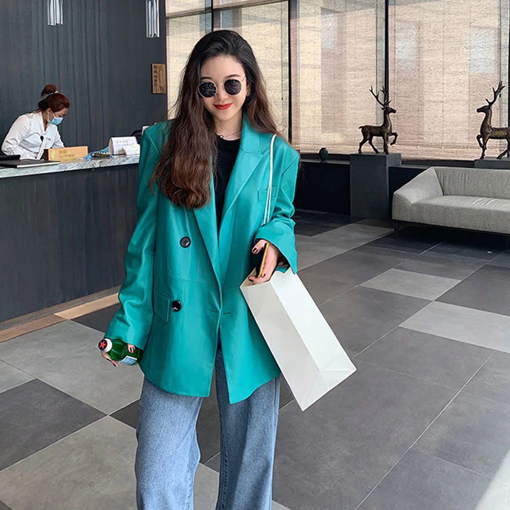 Women Green Big Size PU Leather Blazer New Lapel Long Sleeve Loose Fit  Jacket Fashion Tide Spring Autumn 2022