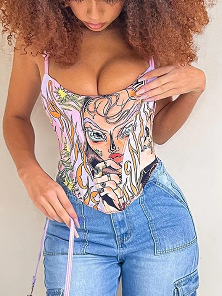 

Women Summer Sexy Graffiti Corset Tops 2023 Fashion Creative Pattern Tank Top Bandage Backless Y2K Print Sling Vest
