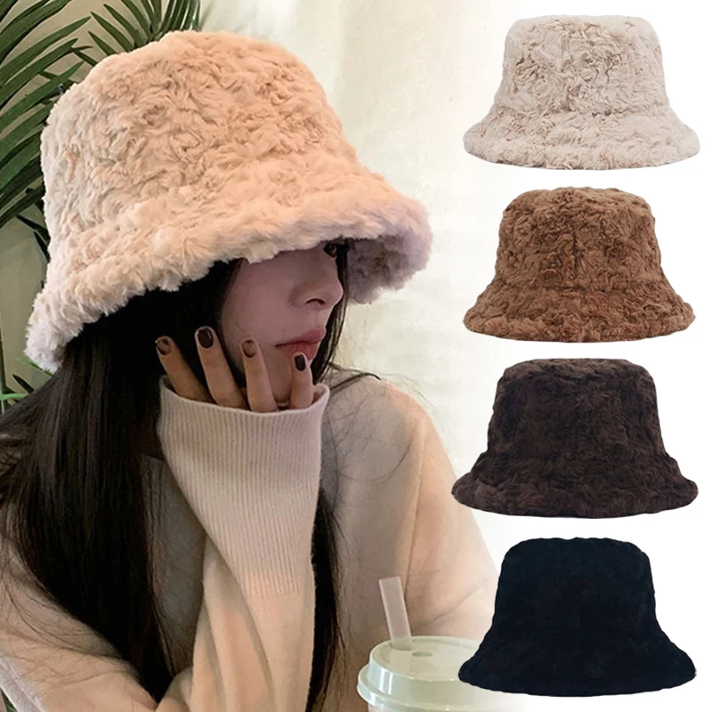 

Women's Bucket Hat Plush Panama Hats for Femme Outdoor Keep Warm Autumn Winter Korean Style Fashion Ear Protection Fisherman Cap