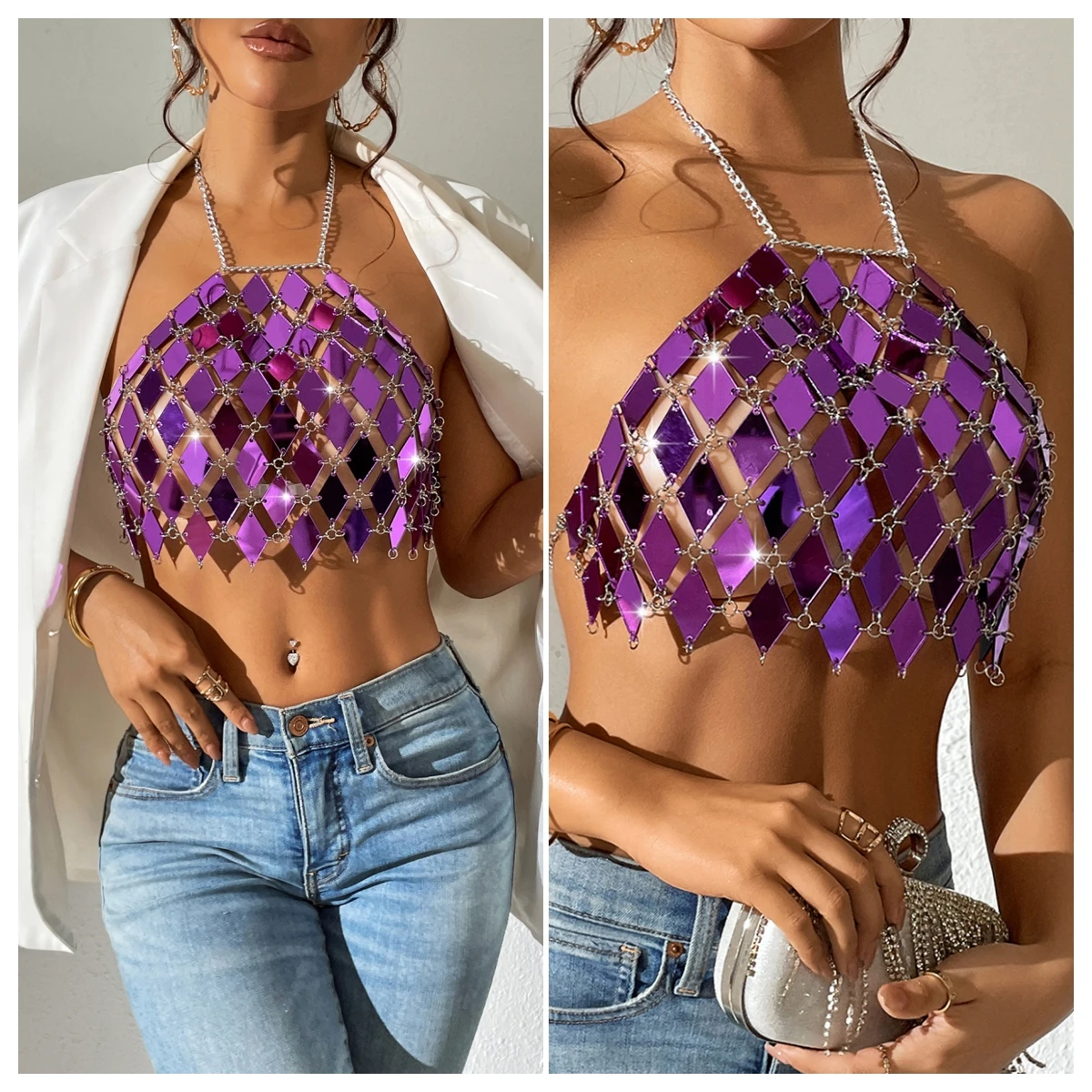 

Shiny Acrylic Sequins Tank Top Women Metal Chain Straps Halter Tops 2023 Summer Sexy Backless Crop Tops Festival Rave Clothing