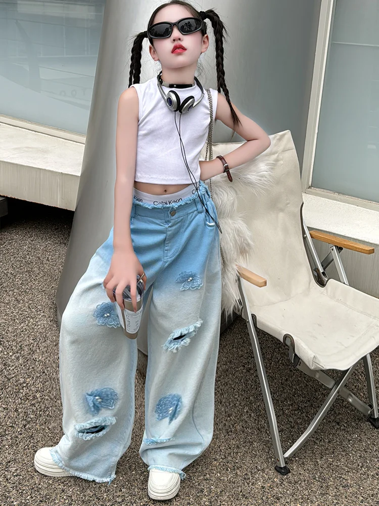 Джинсы для девочек летние новые большие детские американские рваные градиентные