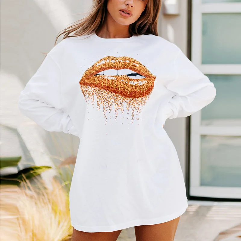 

New Autumn and Winter Christmas Lip Pattern Round Neck Long Sleeve Harajuku Print Loose Casual Women's Long T-shirt Sweater