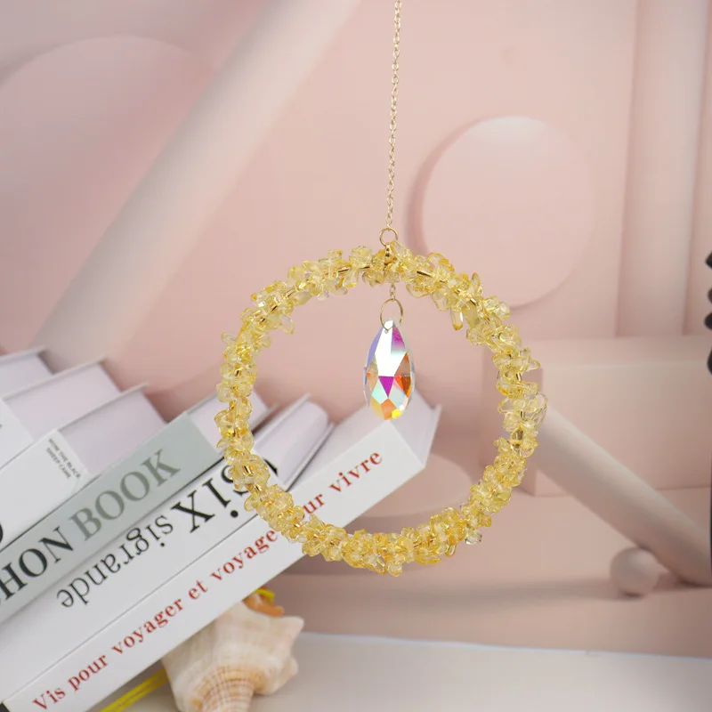 Handmade Copper Wire Wrap Natural Mineral Gravel Round Sun Catcher Crystal Pendant Ornament Window Garden Hanging Decoration