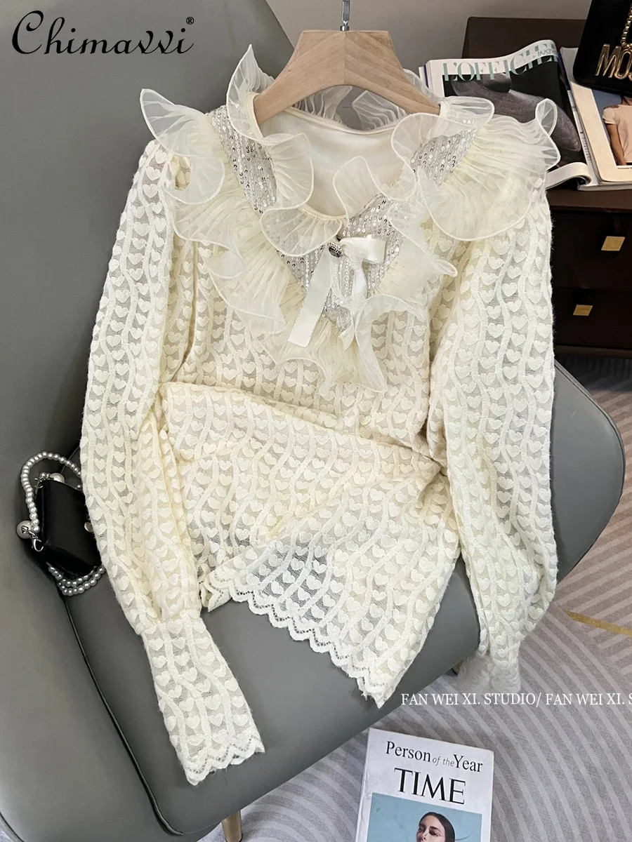 

Women's Lace Bottoming Shirt Winter New High-end Fashion Ruffles Sequined Bow V-neck Long Sleeve Shirts Slim-fit Blouse Tops
