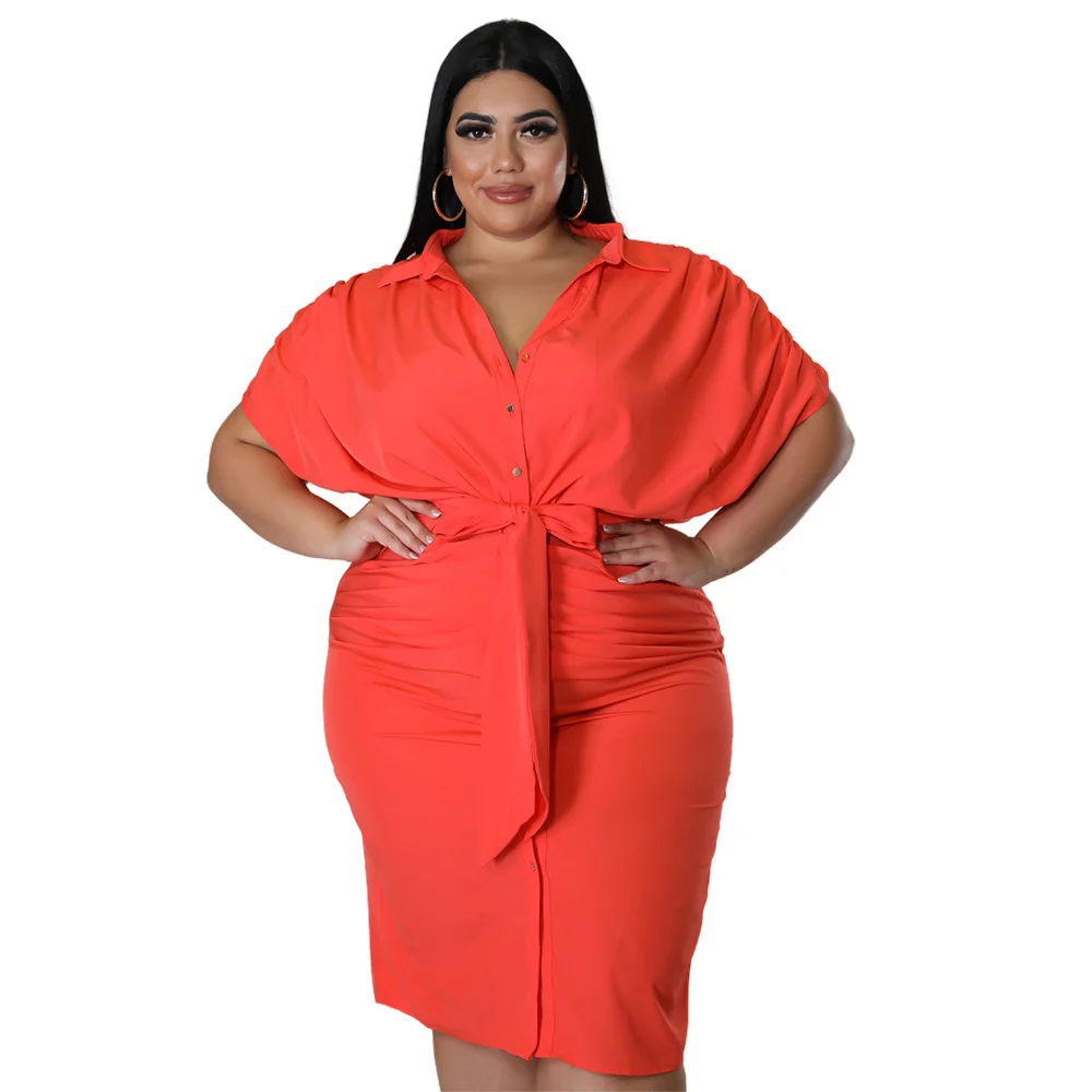 Plus Size Women's Dresses Fashion Casual Short-sleeved Belt Slim Solid Color Dresses Spring Summer Large Size Female Shirt Tops