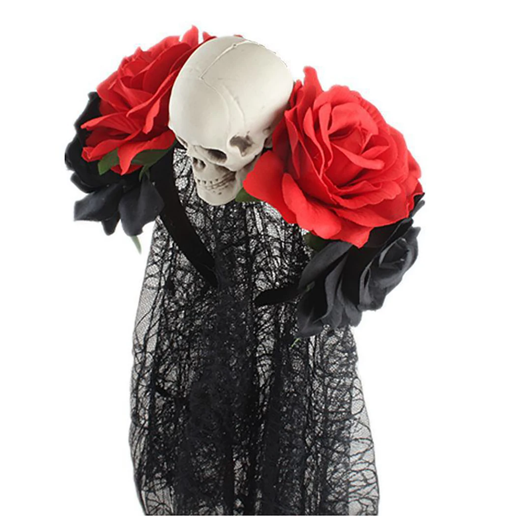 Женская головная повязка для Хэллоуина с искусственными розами, изображением черепа и черной кружевной вуалью "День мёртвых" корона для косплея.