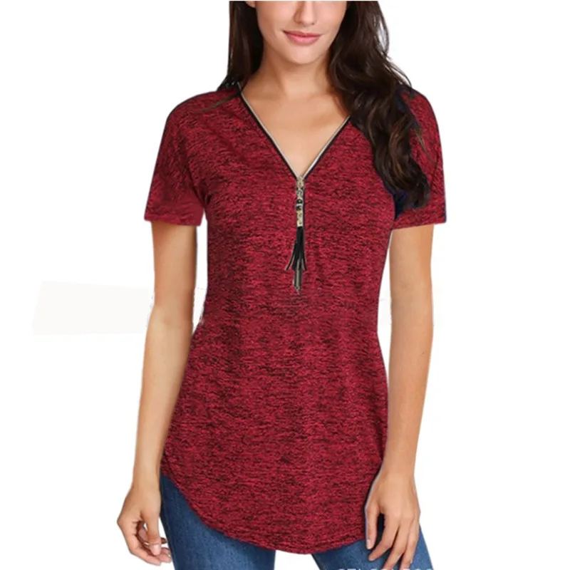 

Fringed zipper solid color short sleeve women's T-shirt white