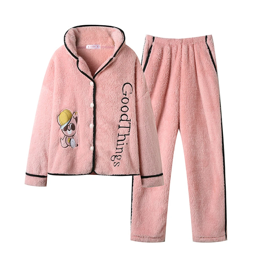 Womens Flannel Warm Pajamas Pyjamas Set Sleepwear Pijama Pajamas Suit Button-Down Female Sleep Two Piece Set Women's Loungewear