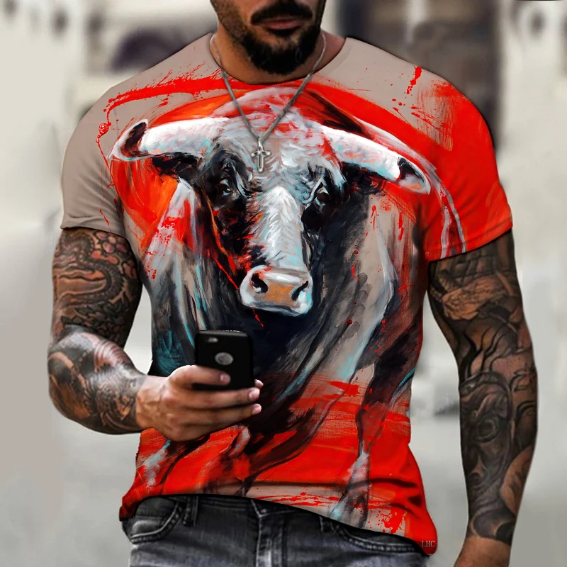 

2022 Brand Men Shirt 3D Printing Animal Bullfighting Yak Painted Super Nice Round Neck T-shirt Loose And Comfortable Oversized