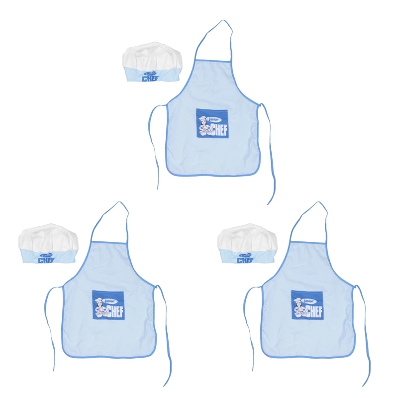 

3X Childs Kids Chef Hat Apron Cooking Baking Boy Girl Chefs Junior Gift (Blue)