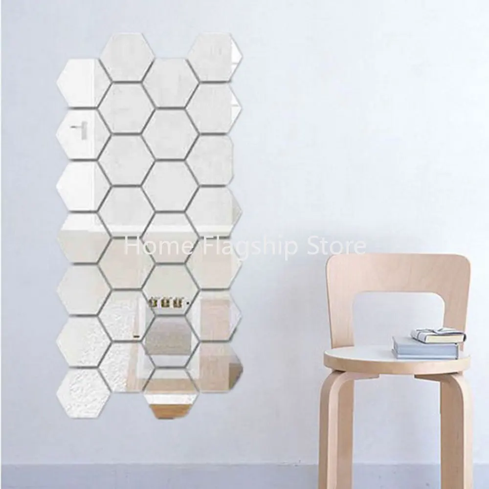 

24Pcs 3D Mirror Hexagon Wall Stickers Removable Art Decal Home Decor Mural DIY Silver Acrylic Reflective Mirror Wall Stickers