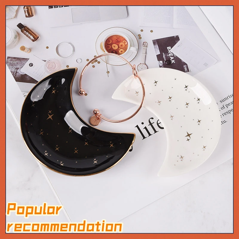 

Ceramic Jewelry Tray Decorative Moon Shape Trinket Dish Small Jewelry Display Rack Modern Bathroom Dresser Vanity Tray For