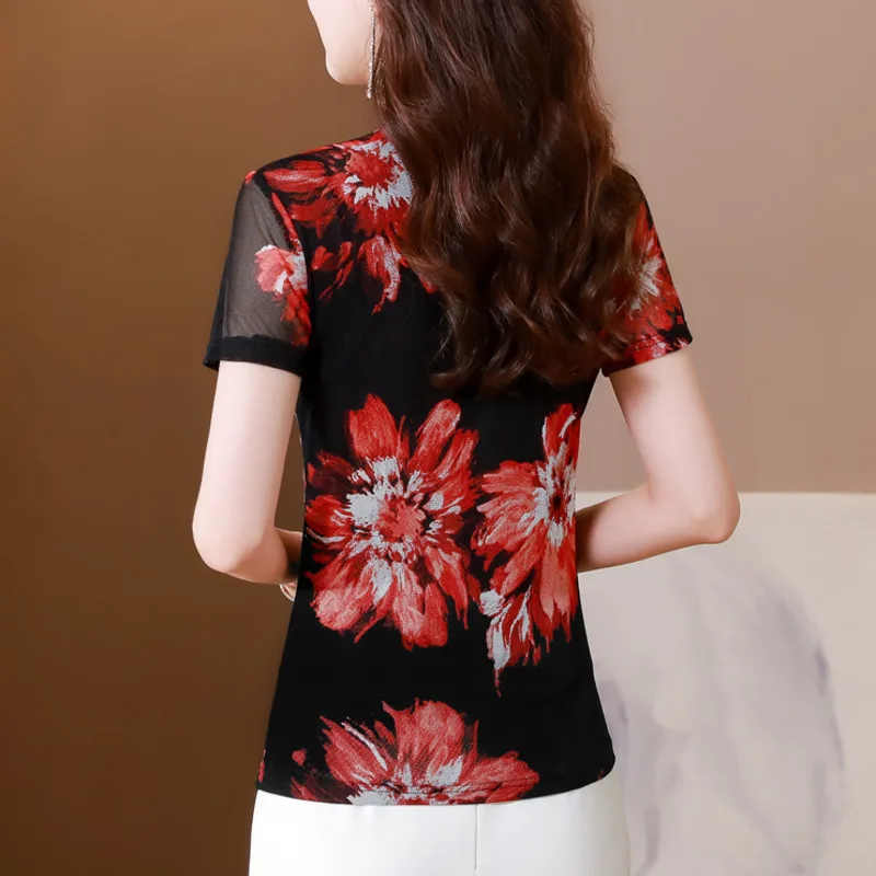 #9240 Сетчатая футболка с цветочным принтом женская сексуальная облегающая