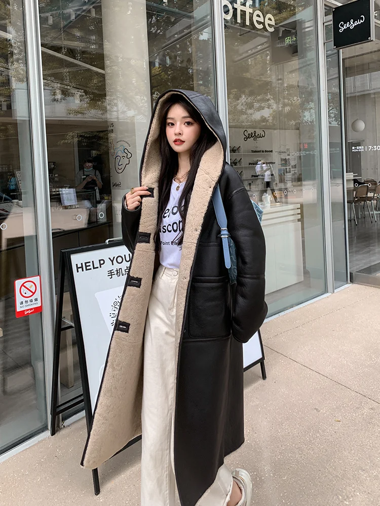 Genuine Leather Hooded Mid-Length Fur Coat Women's New Coat Motorcycle Clothing Women's Autumn and Winter