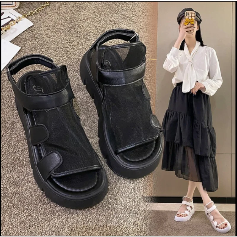 

Sandals women 2023 summer new fashion thick-bottomed breathable Eugene yarn mesh magic paste Roman sandals Hook & Loop