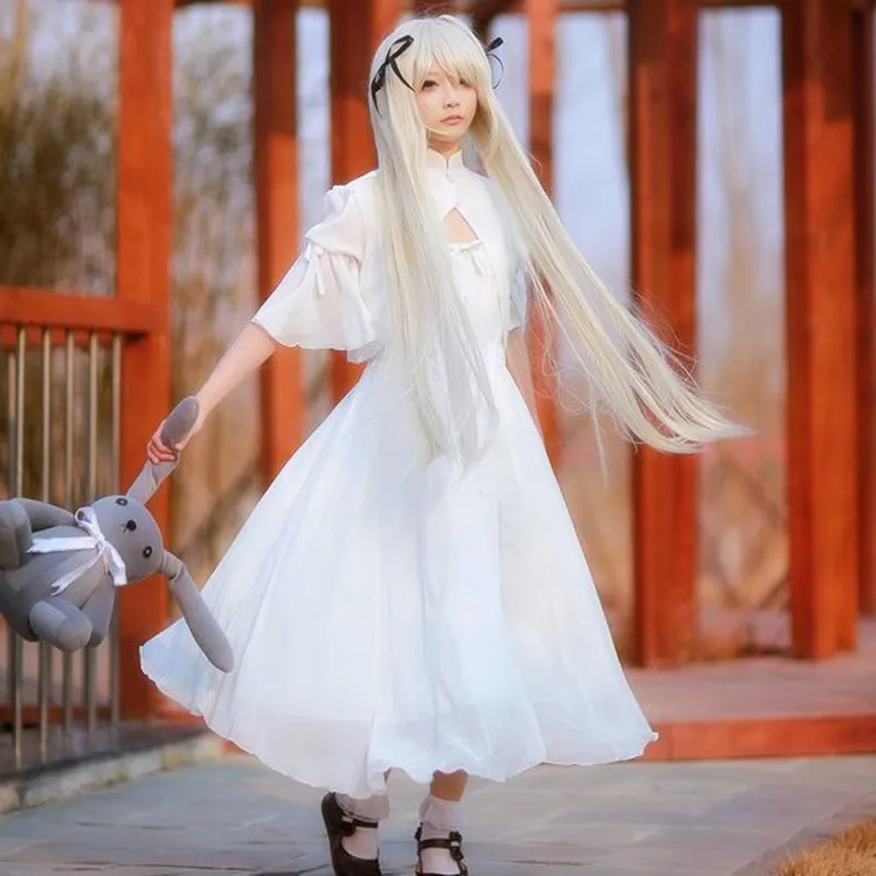 

Yosuga No Sora Kasugano Cosplay Costume Halloween Lady Cotton White Sweet Lolita Dress Gray Bunny Girls Long White Dress and Wig