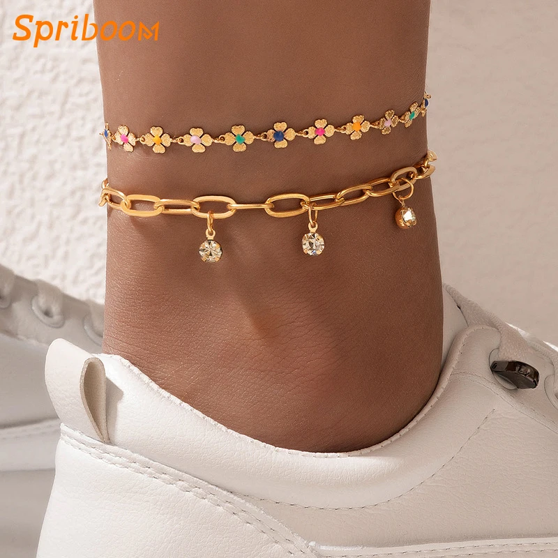 

2 Layerws Colorful Flowers Anklets Rhinestone Tassel Chain Anklet Summer Beach Barefoot Sandals Jewelry Leg Chains Feet Bracelet
