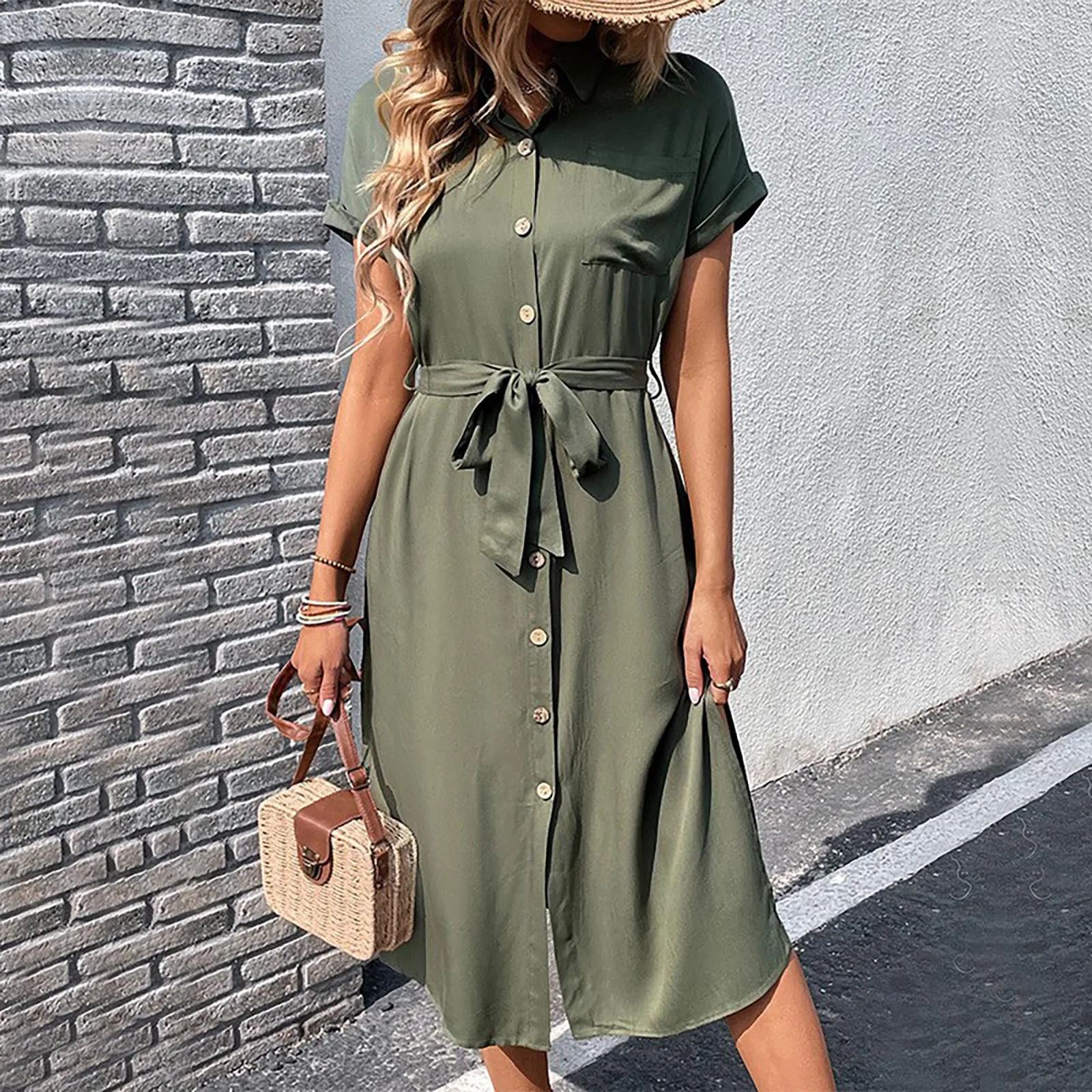 

Dress For Women Casual V Neck Solid Color Short Sleeve Botton Dress Casual Dress Womens Tan Utility Dress