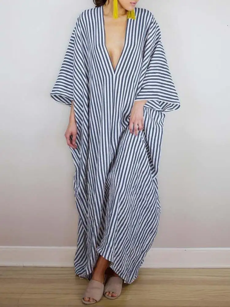 

Lemongor Female Fashion Striped Sexy Deep V-Neck V-Back Deep Vacation Dress 2023 Summer Batwing Sleeves Loose Prom Maxi Dresses