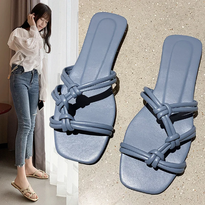 Women Slippers Sexy Flats Heel Outdoor Slides Women Summer Shoes Sandals Female Square Toe Slipper Designer Slippers Size 42