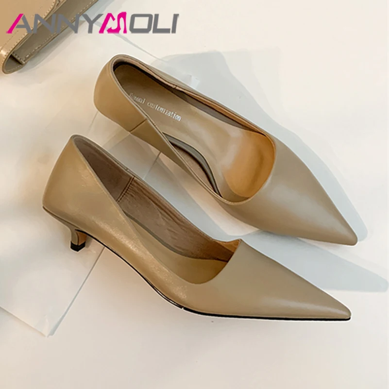 

ANNYMOLI Women Spring Genuine Leather Shoes Thin Heels Pumps Pointed Toe Elegant Med Heel Female Fashion Footwear Apricot 39-34