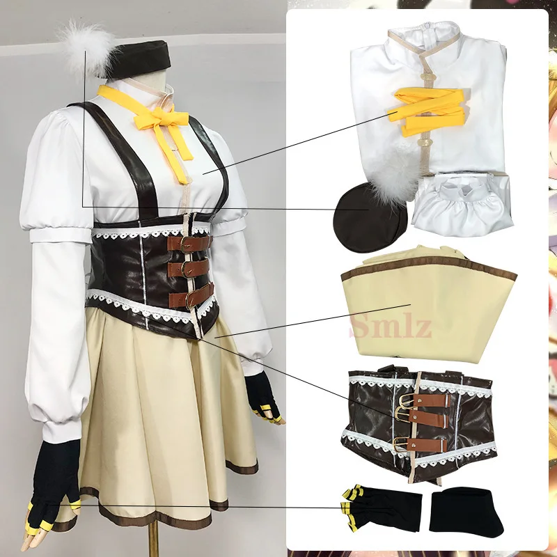 Аниме Puella Magi Madoka Magica Косплей Tomoe Mami Костюм Полный комплект шляпа носки включает