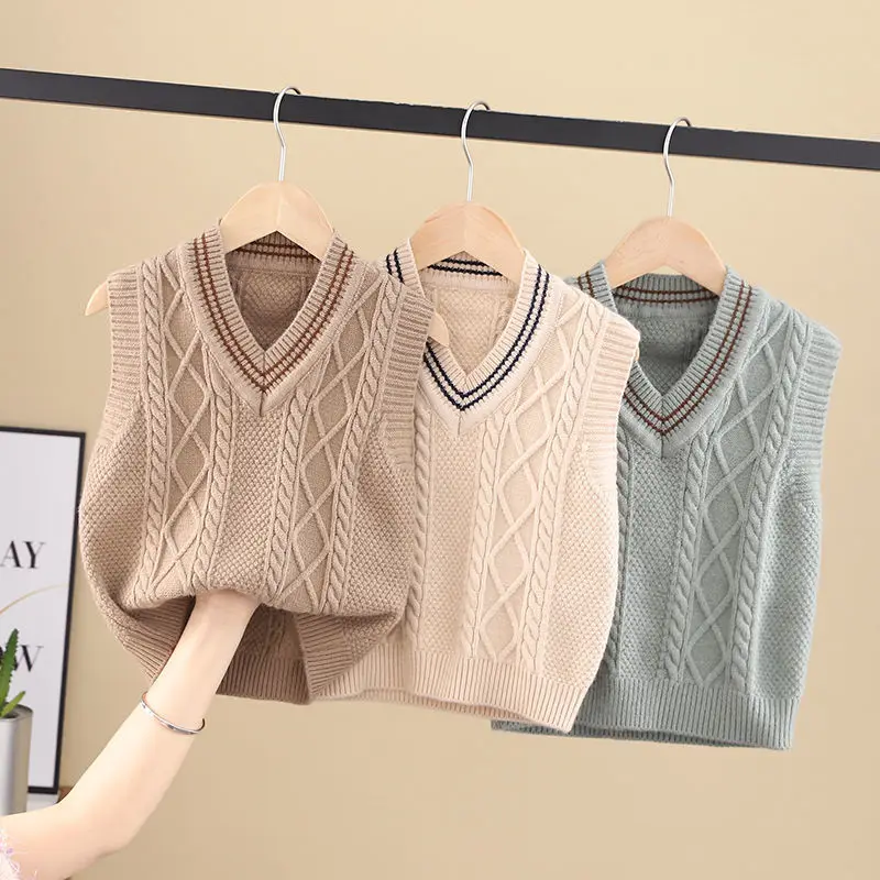 

Toddler Childrens Knitted Vest V-neck Girls Outer Wear Baby Sleeveless School Sweater Boys Woolen Spring Autumn British Style