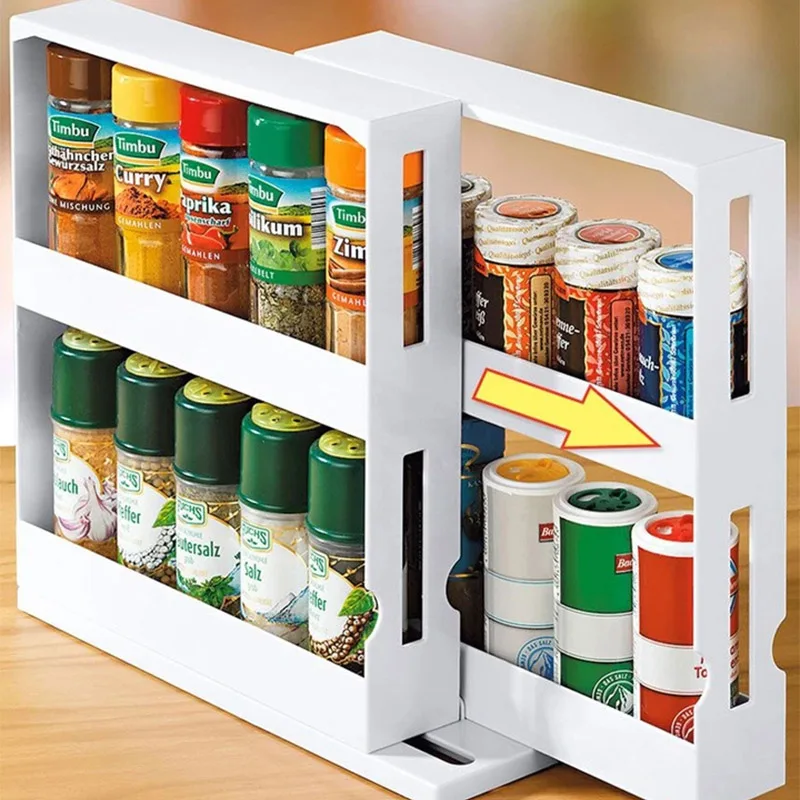 

Double Layer Rotating Kitchen Cabinet Seasoning Spice Rack Multifunctional Plastic Cupboard Slide Organizer Shelf for Condiment