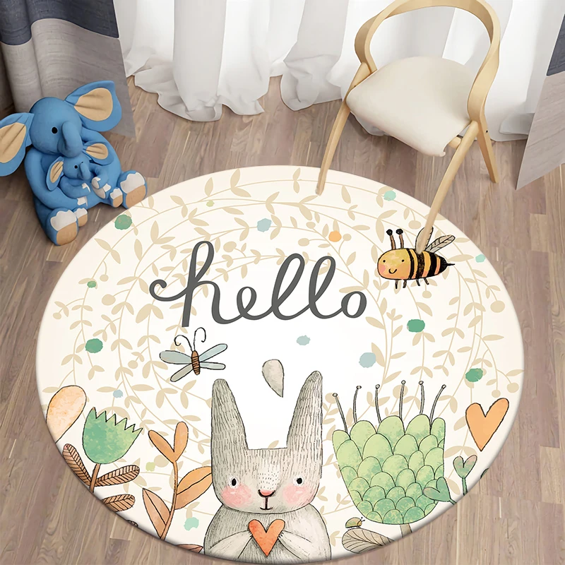 Decorative Carpet Cartoon Bunny Printed Area Rugs Round Carpet for Living Room Floor Mat Flannel Anti-Slip Mat for Children